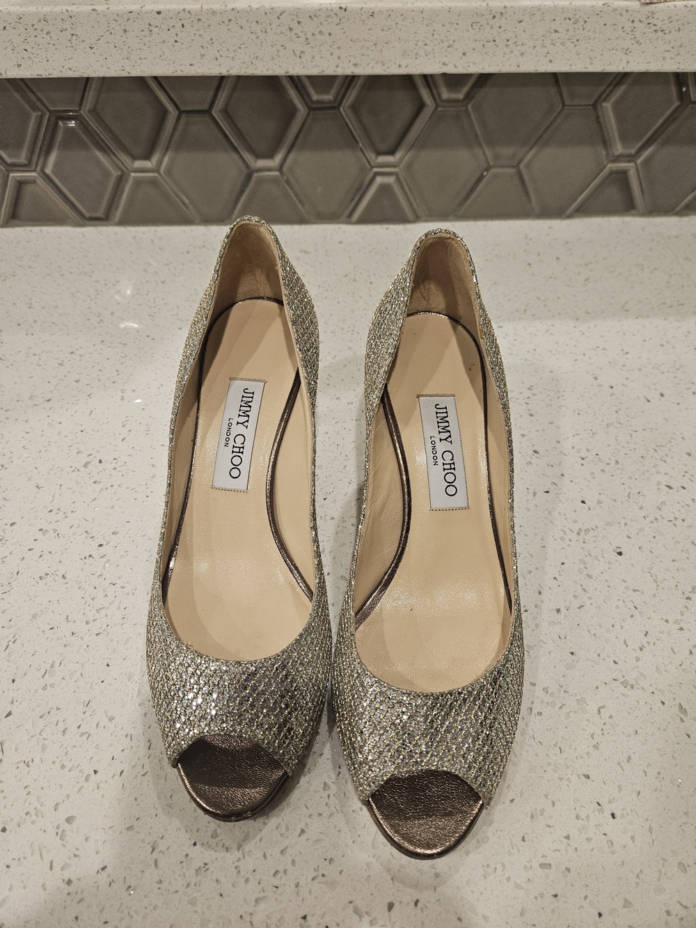 Jimmy Choo Gold Glitter Peep-Toe Pumps